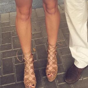 SCHUTZ Tan Lace-Up Wedge Sandals